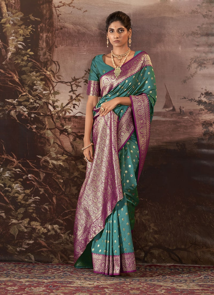 Lassya Fashion Teal Green Banarasi Soft Silk Saree with Matching Blouse