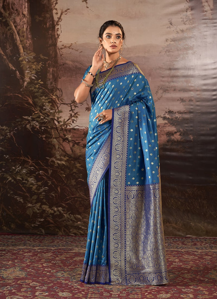 Lassya Fashion Lilac Blue Banarasi Soft Silk Saree with Matching Blouse