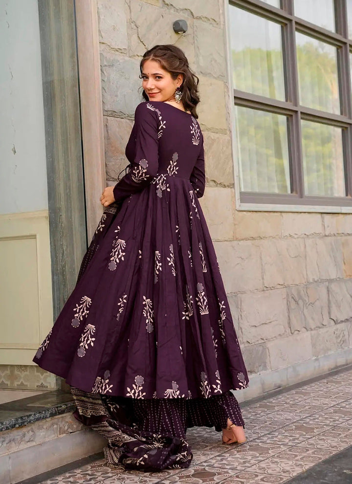 Lassya Fashion Dark purple Flared Digital Printed Anarkali Palazzo Suit