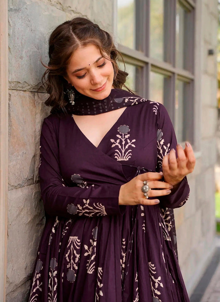 Lassya Fashion Dark purple Flared Digital Printed Anarkali Palazzo Suit