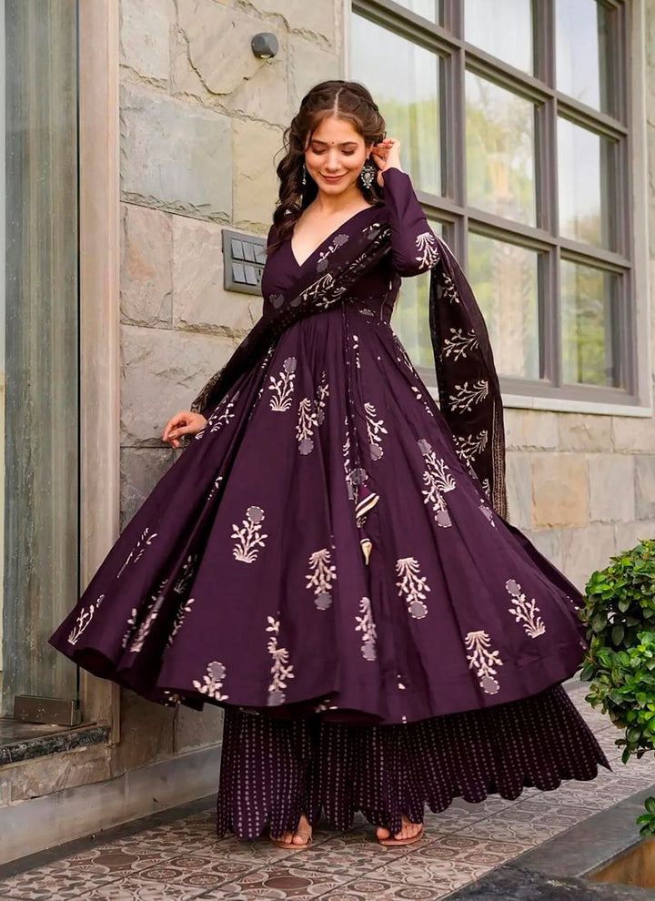 Lassya Fashion Dark purple Flared Digital Printed Anarkali Palazzo Suit