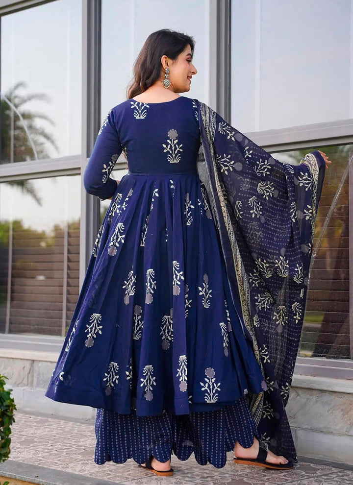 Lassya Fashion Royal blue Flared Digital Printed Anarkali Palazzo Suit