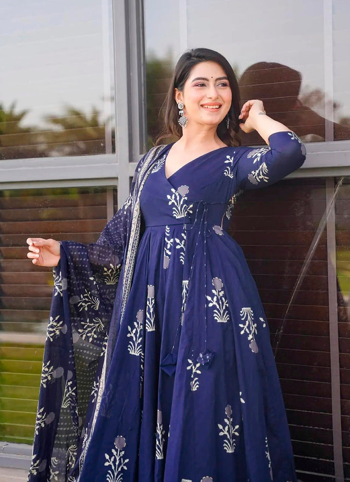 Lassya Fashion Royal blue Flared Digital Printed Anarkali Palazzo Suit