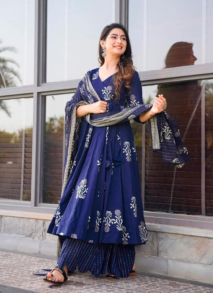 Lassya Fashion Royal blue Flared Digital Printed Anarkali Palazzo Suit