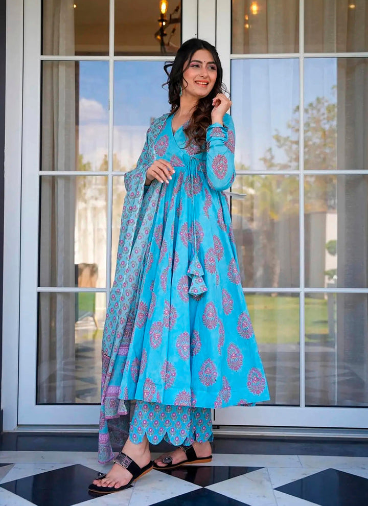 Lassya Fashion Electric Blue Flared Digital Printed Anarkali Palazzo Suit