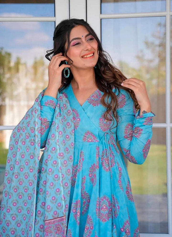 Lassya Fashion Electric Blue Flared Digital Printed Anarkali Palazzo Suit