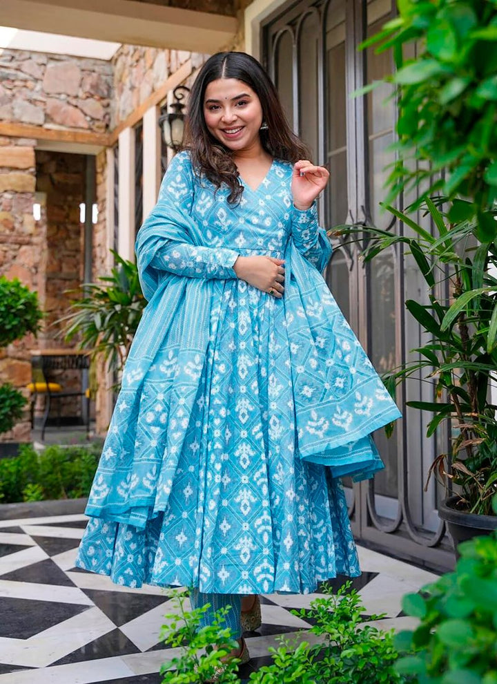 Lassya Fashion Bright Blue Flared Digital Printed Anarkali Palazzo Suit