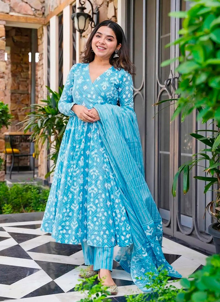 Lassya Fashion Bright Blue Flared Digital Printed Anarkali Palazzo Suit