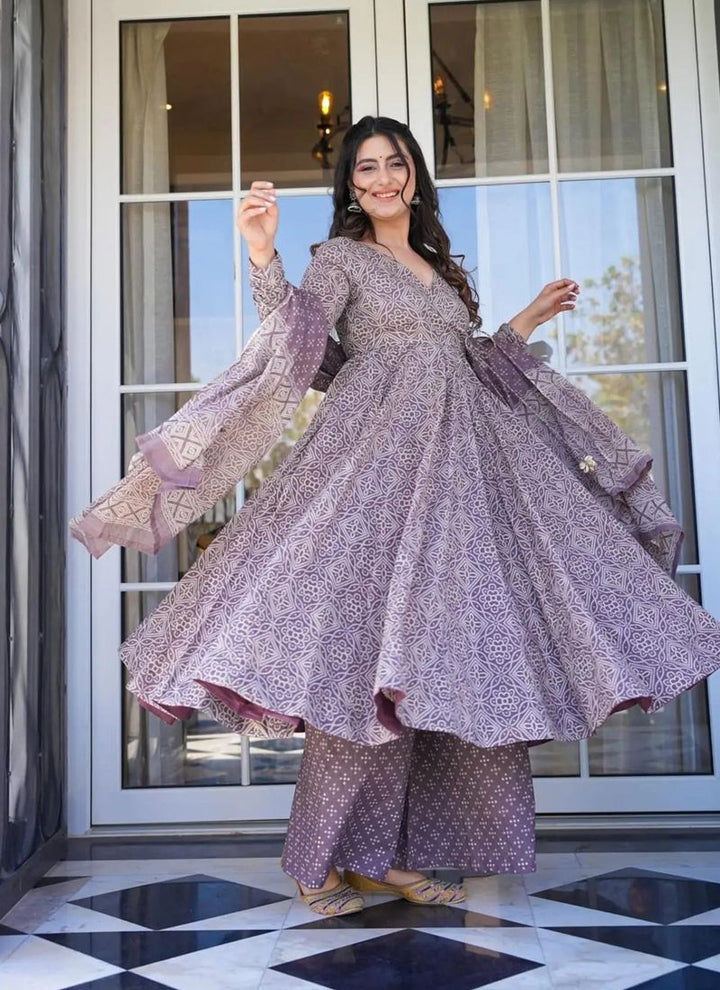 Lassya Fashion Lavender Cotton Silk Anarkali Palazzo Suit