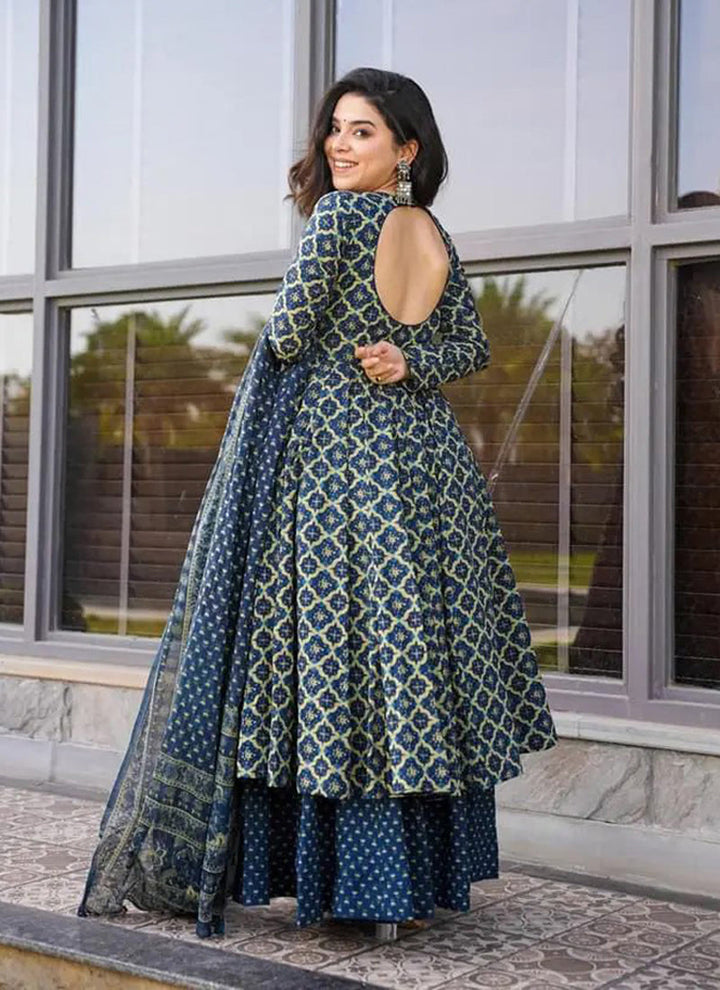 Lassya Fashion Navy Blue Cotton Silk Anarkali Palazzo Suit