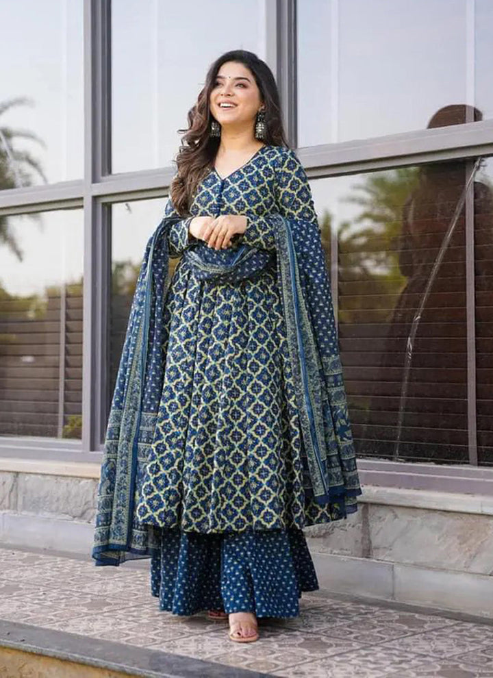 Lassya Fashion Navy Blue Cotton Silk Anarkali Palazzo Suit