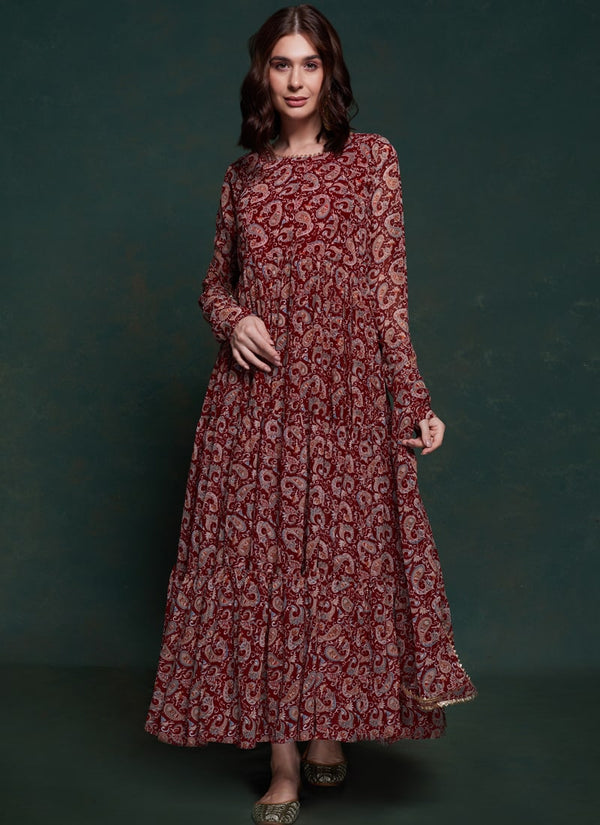 Lassya Fashion Maroon Flared Party Wear Gown with Dupatta