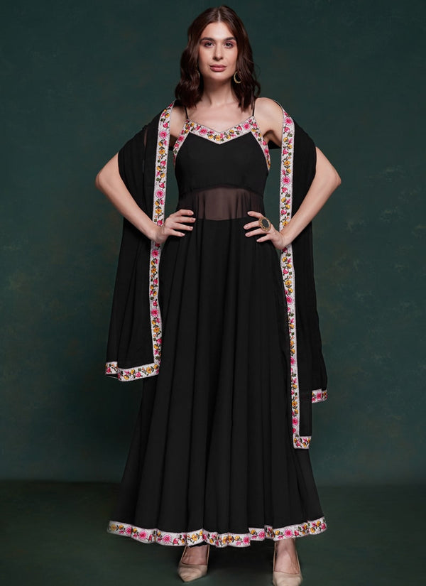 Lassya Fashion Midnight Black Flared Party Wear Gown with Dupatta