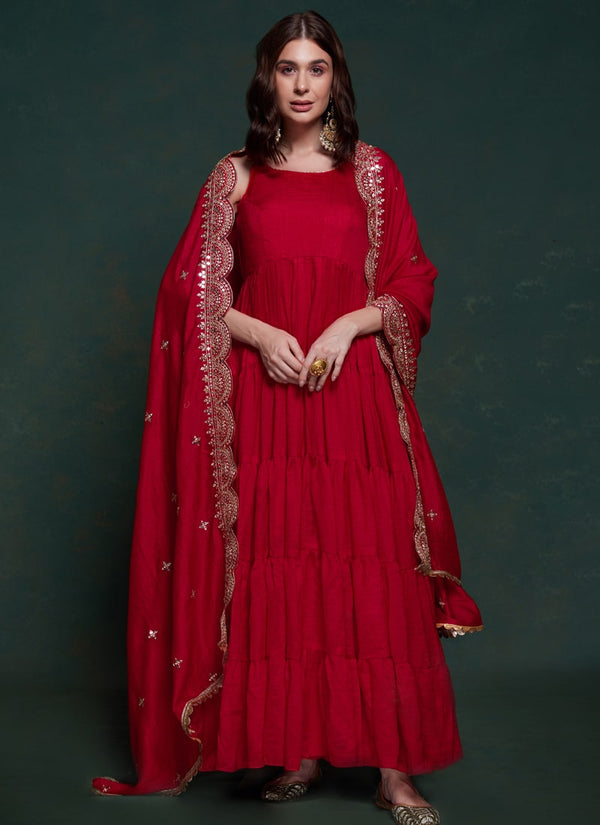 Lassya Fashion Vermilion Red Flared Party Wear Gown with Dupatta