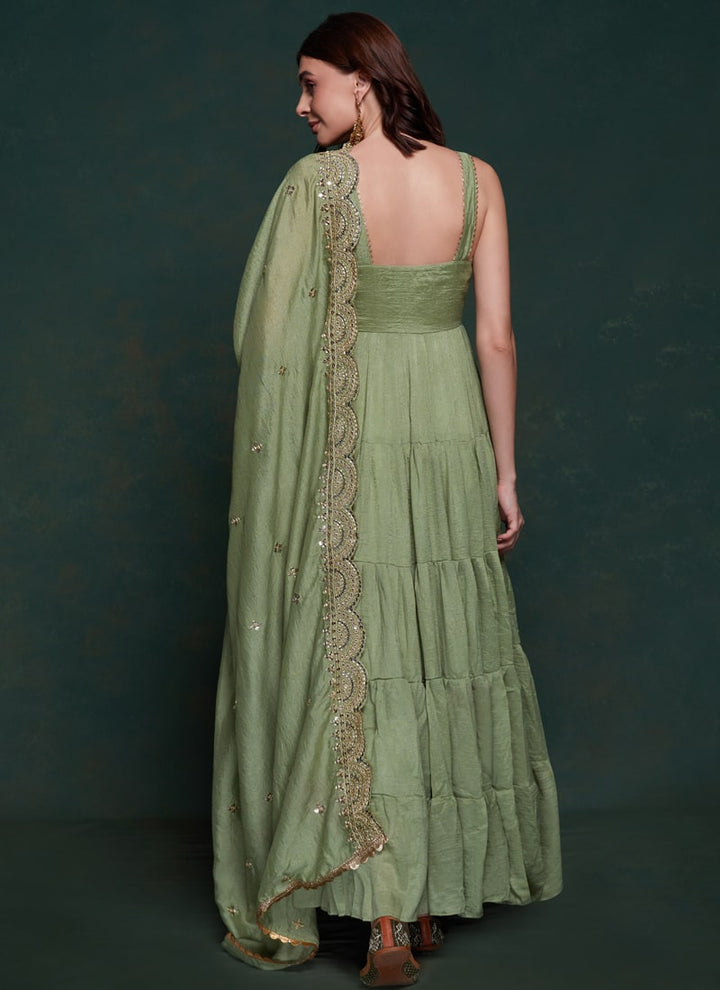 Lassya Fashion Pista Green Flared Anarkali Dress with Pant and Dupatta