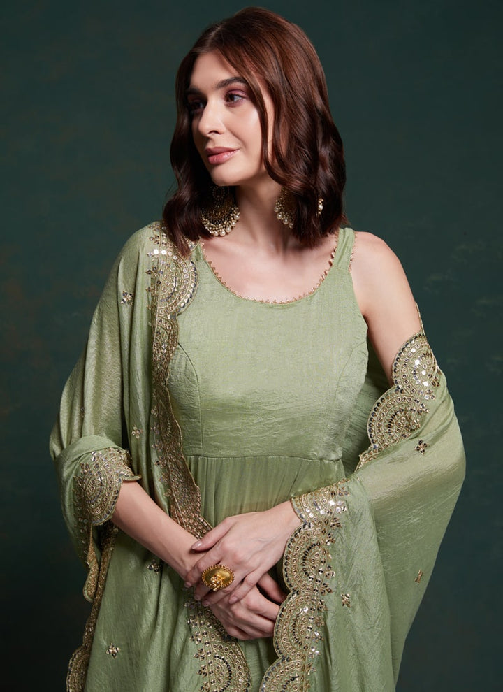 Lassya Fashion Pista Green Flared Anarkali Dress with Pant and Dupatta