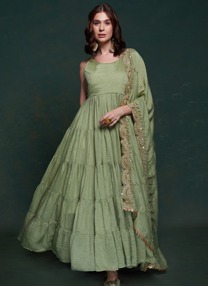 Lassya Fashion Pista Green Flared Anarkali Dress with Pant and Dupatta