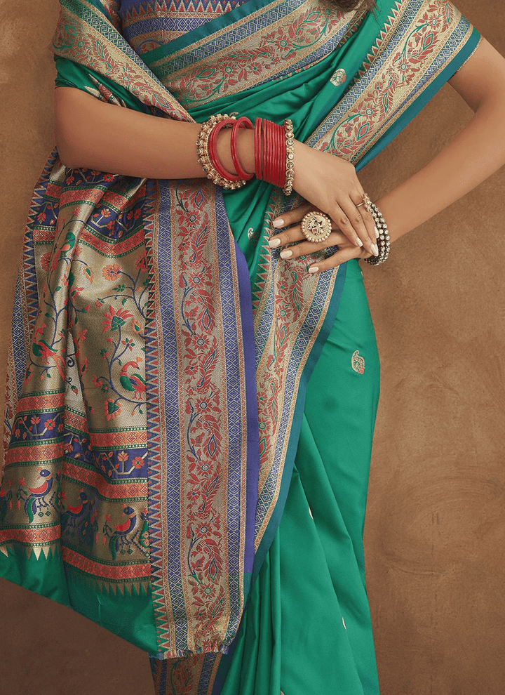 Lassya Fashion Rama Green Soft Pethani Silk Saree with Meenakari Weaving