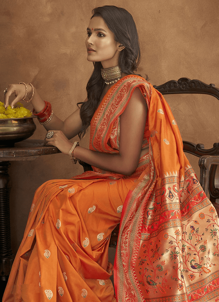 Lassya Fashion Royal orange Soft Pethani Silk Saree with Meenakari Weaving