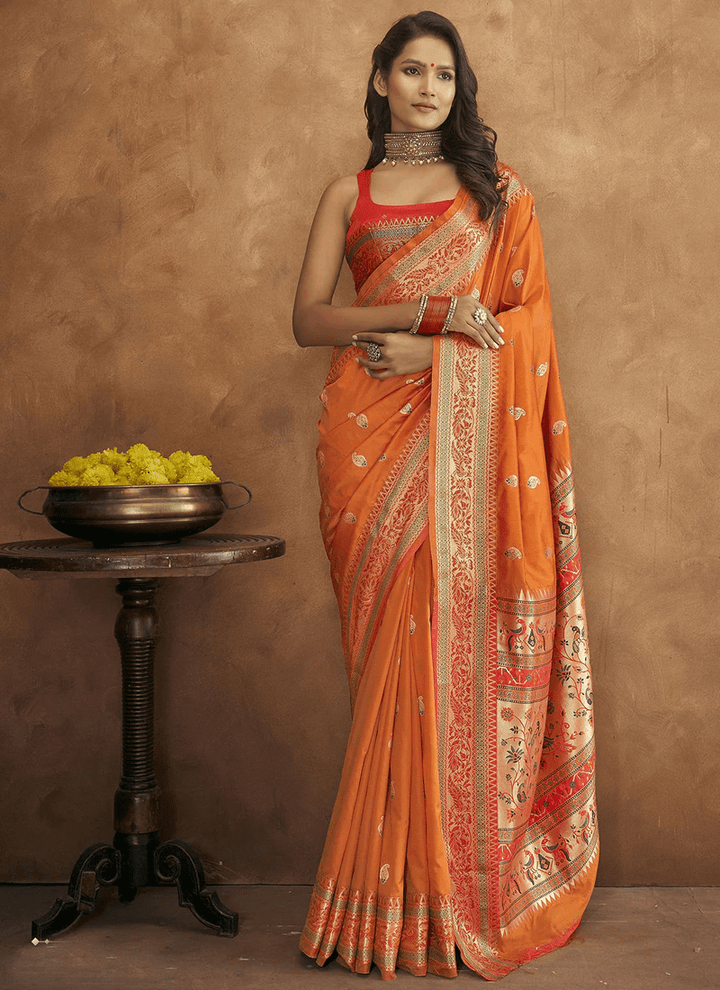 Lassya Fashion Royal orange Soft Pethani Silk Saree with Meenakari Weaving