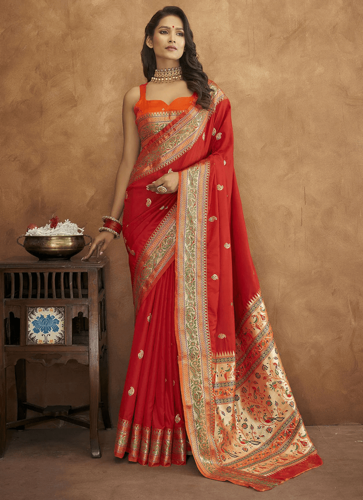 Lassya Fashion Scarlet Red Soft Pethani Silk Saree with Meenakari Weaving