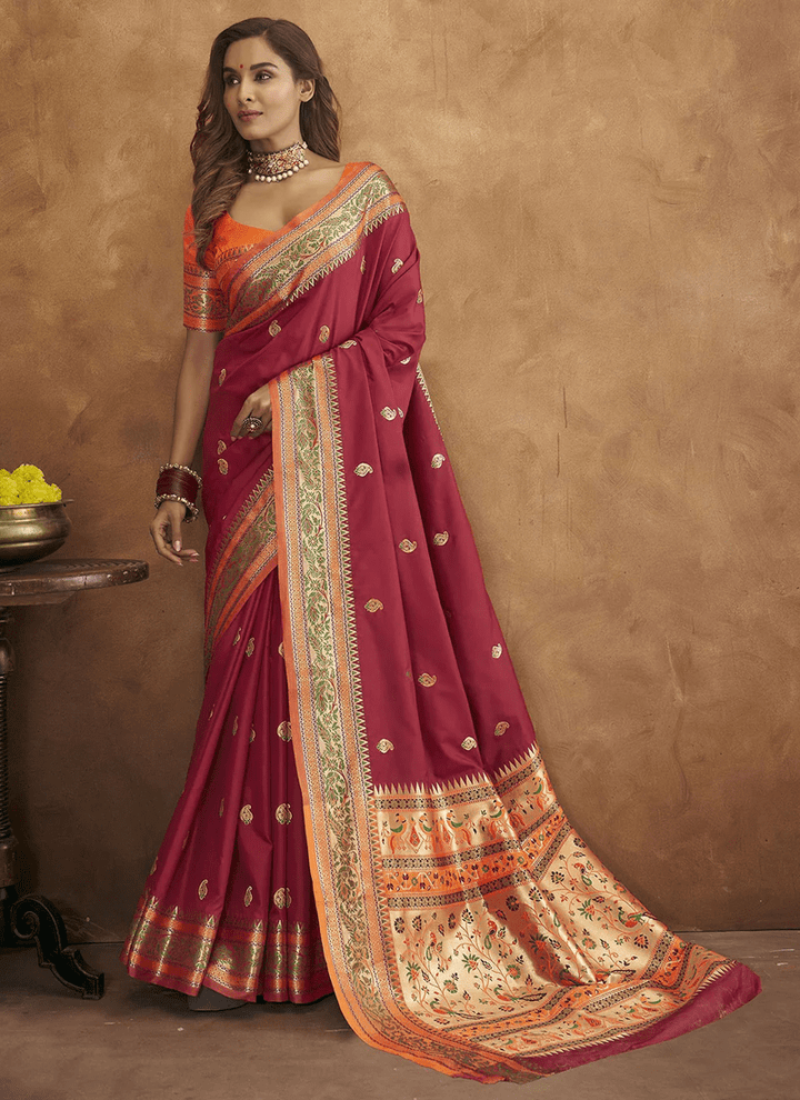 Lassya Fashion Burgundy Red Soft Pethani Silk Saree with Meenakari Weaving