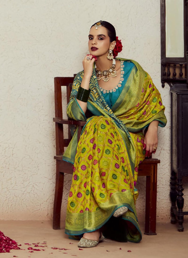 Lassya Fashion  Olive Yellow Wedding Saree with Embroidered Blouse