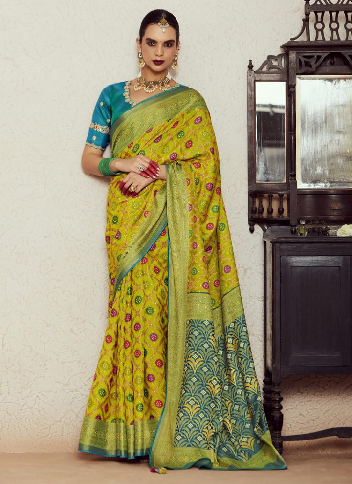 Lassya Fashion  Olive Yellow Wedding Saree with Embroidered Blouse