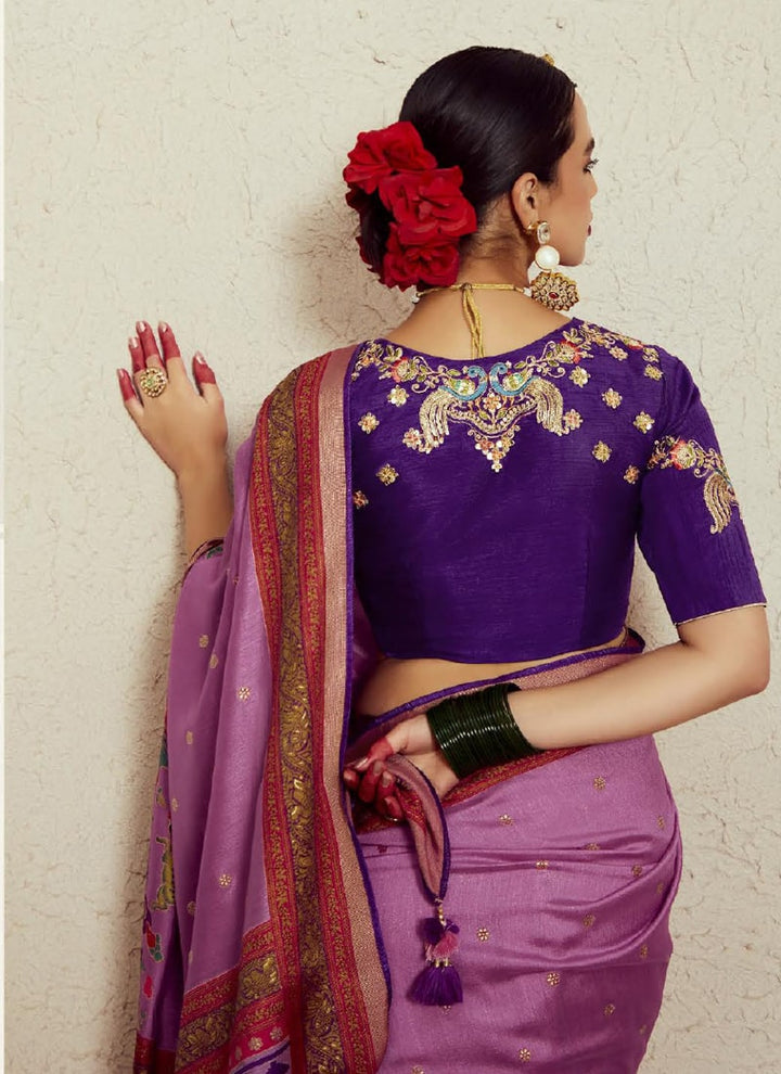 Lassya Fashion  Purple Lavender Wedding Saree with Embroidered Blouse