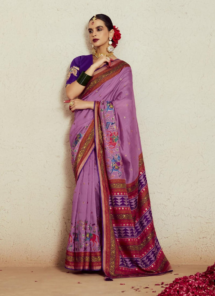 Lassya Fashion  Purple Lavender Wedding Saree with Embroidered Blouse