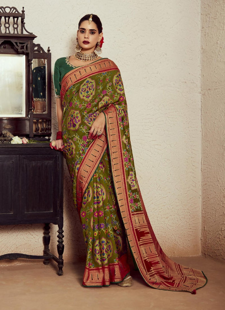 Lassya Fashion  Olive Green Wedding Saree with Embroidered Blouse