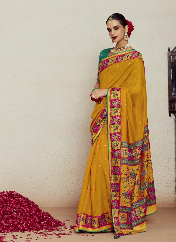 Lassya Fashion  Amber Yellow Wedding Saree with Embroidered Blouse