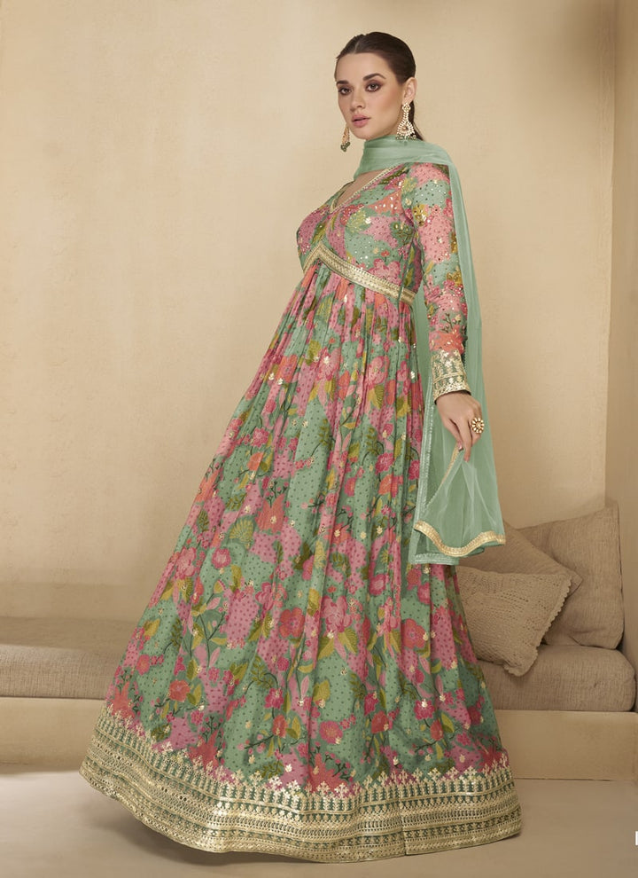 Lassya Fashion  Pista Green Wedding Wear Alia Cut Organza Silk Gown