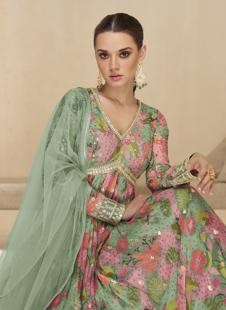 Lassya Fashion  Pista Green Wedding Wear Alia Cut Organza Silk Gown