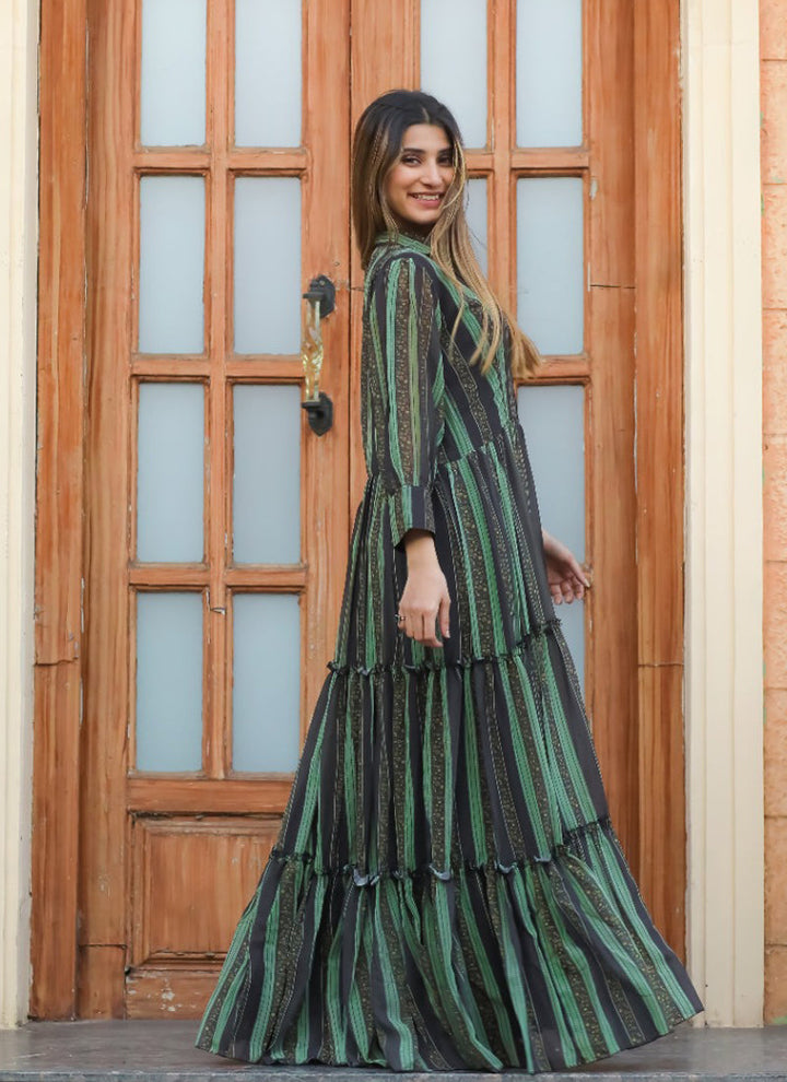 Lassya Fashion  Green-Black Party Wear Chiffon Maxi Gown