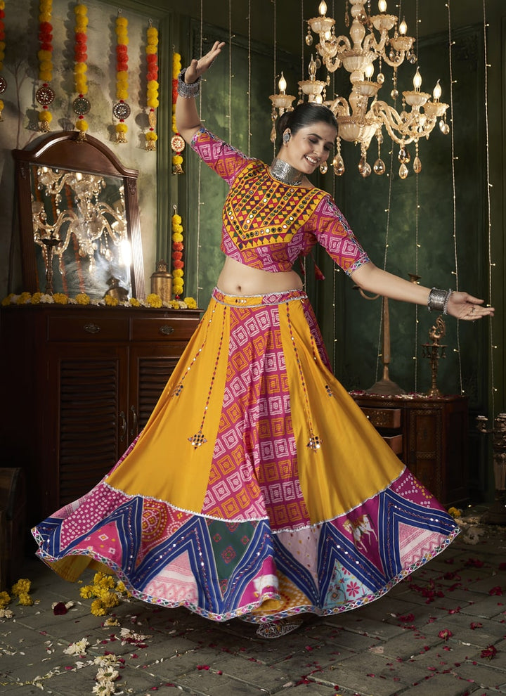 Lassya Fashion Amber Yellow Customizable Mirror Work Chaniya Choli