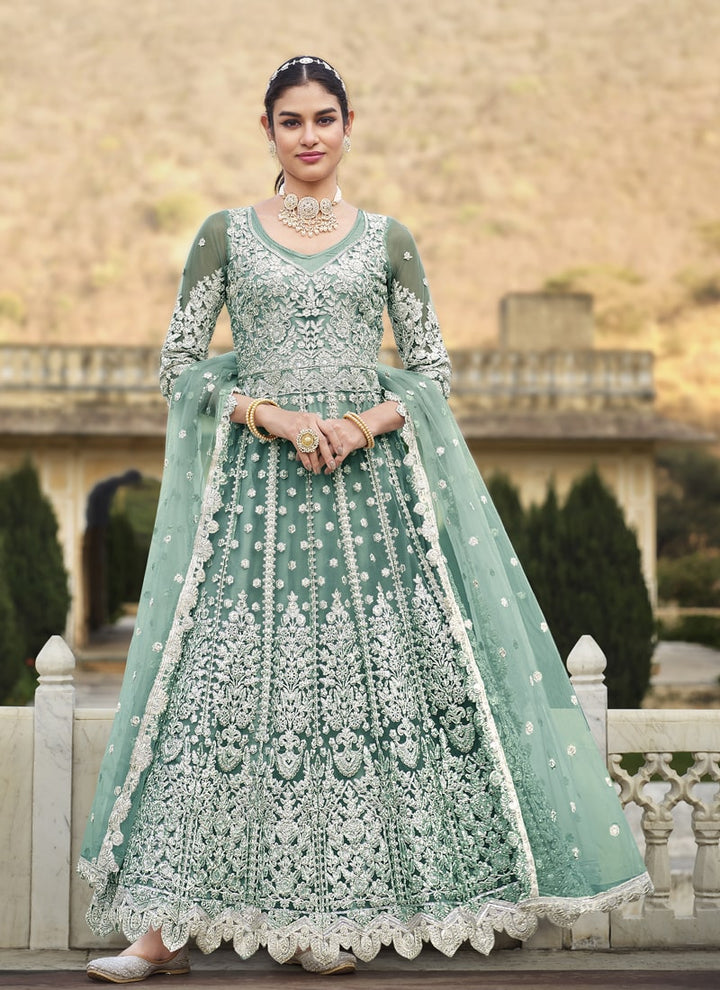 Lassya Fashion Sea Green Heavy Coding Anarkali Dress