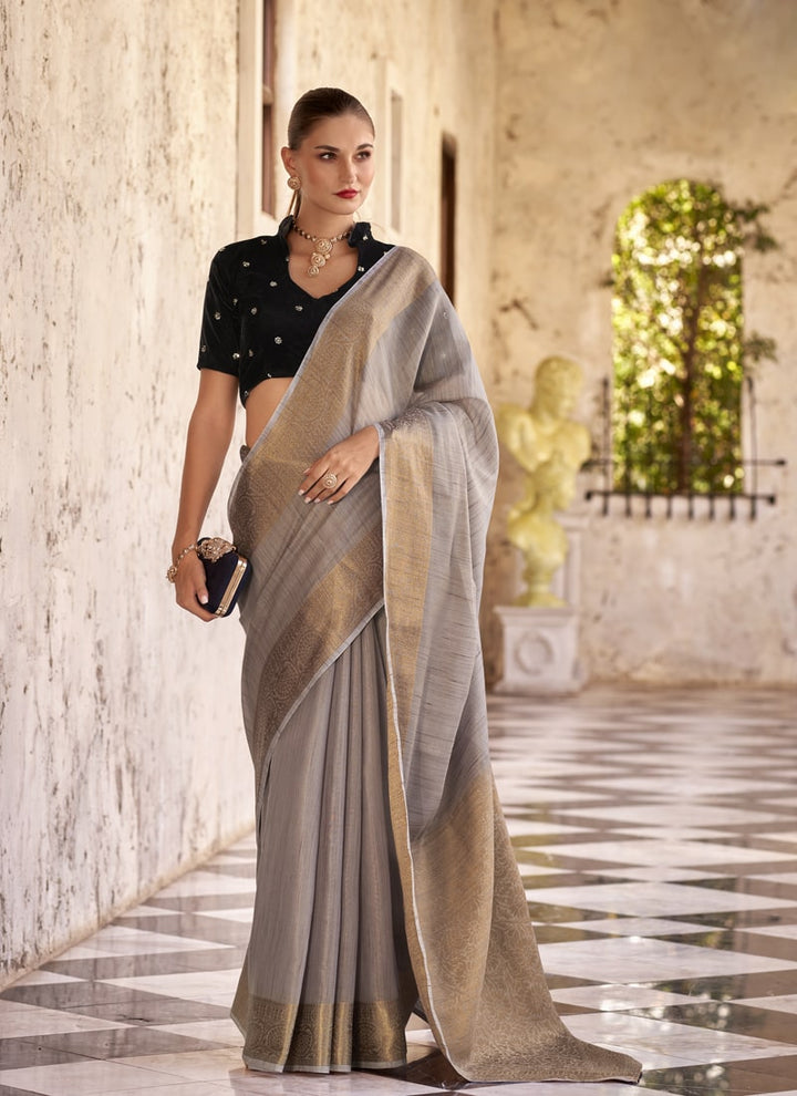 Lassya Fashion Flint Grey Elegant Linen Wedding Saree