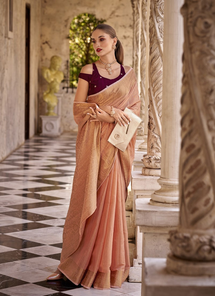 Lassya Fashion Peach Orange Elegant Linen Wedding Saree