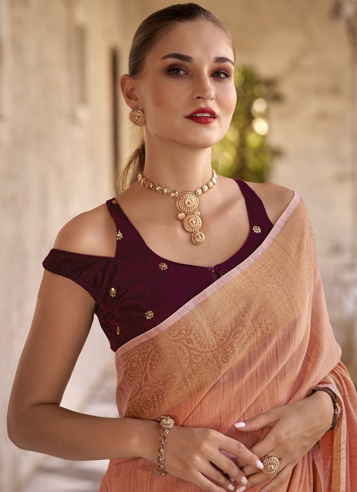 Lassya Fashion Peach Orange Elegant Linen Wedding Saree