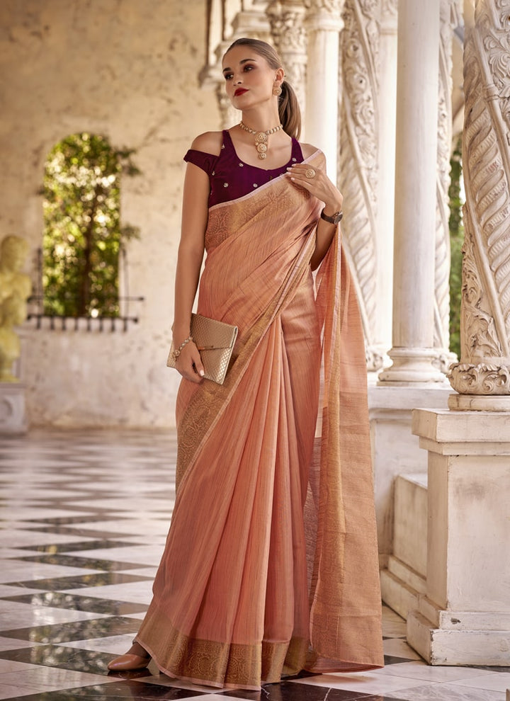 Lassya Fashion Peach Orange Elegant Linen Wedding Saree