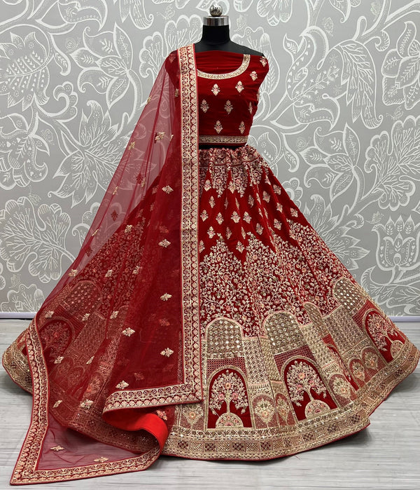 Lassya Fashion Apple Red Luxurious Velvet Wedding Lehenga