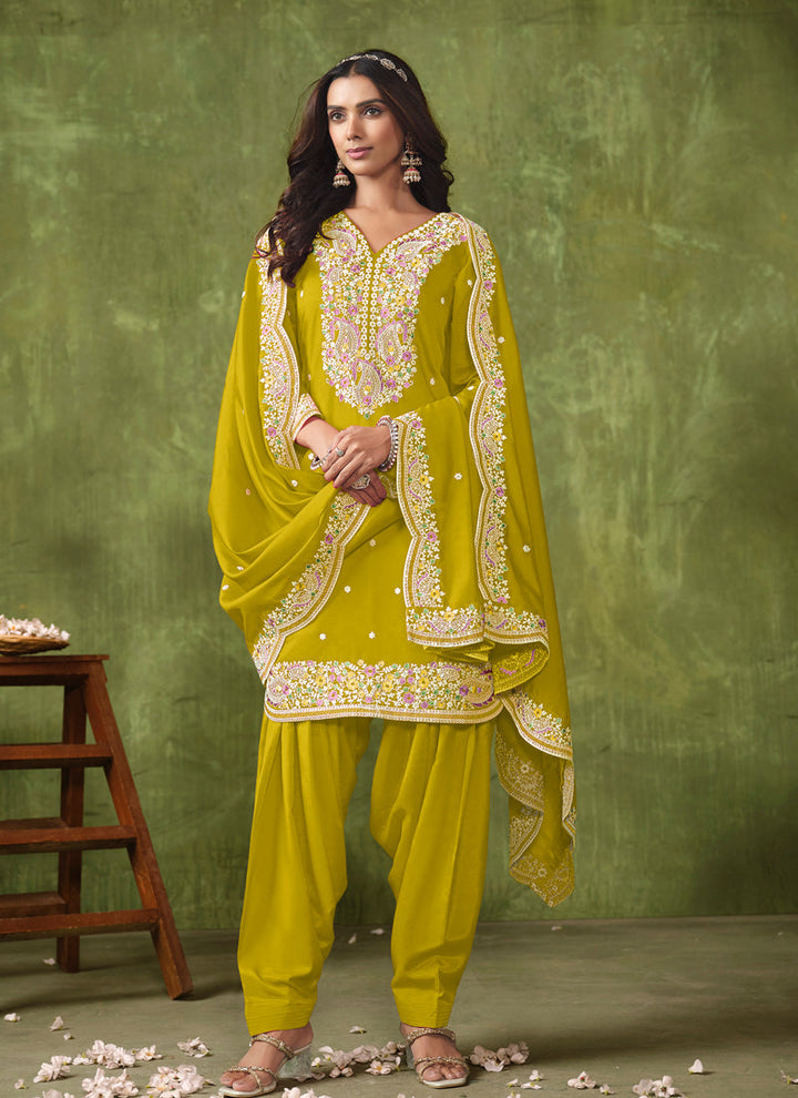 Lassya Fashion Mustard Yellow Elegant PV Chanderi Straight Salwar Suit