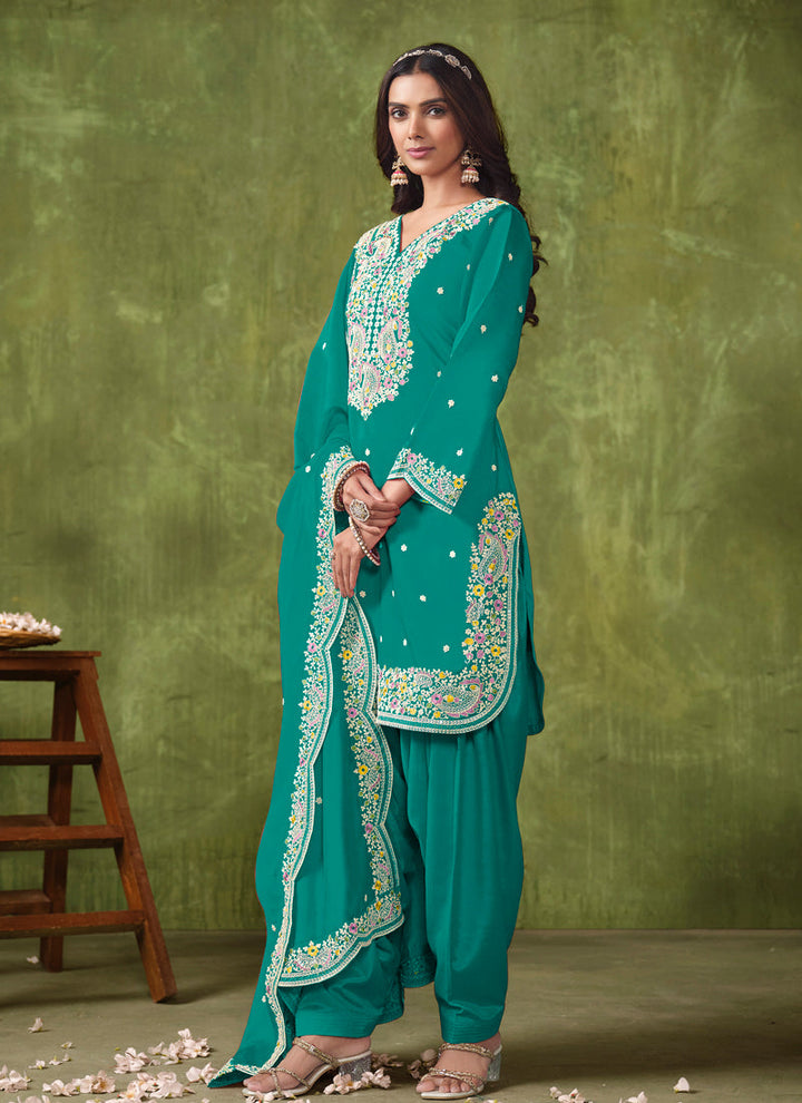 Lassya Fashion Teal Green Elegant PV Chanderi Straight Salwar Suit