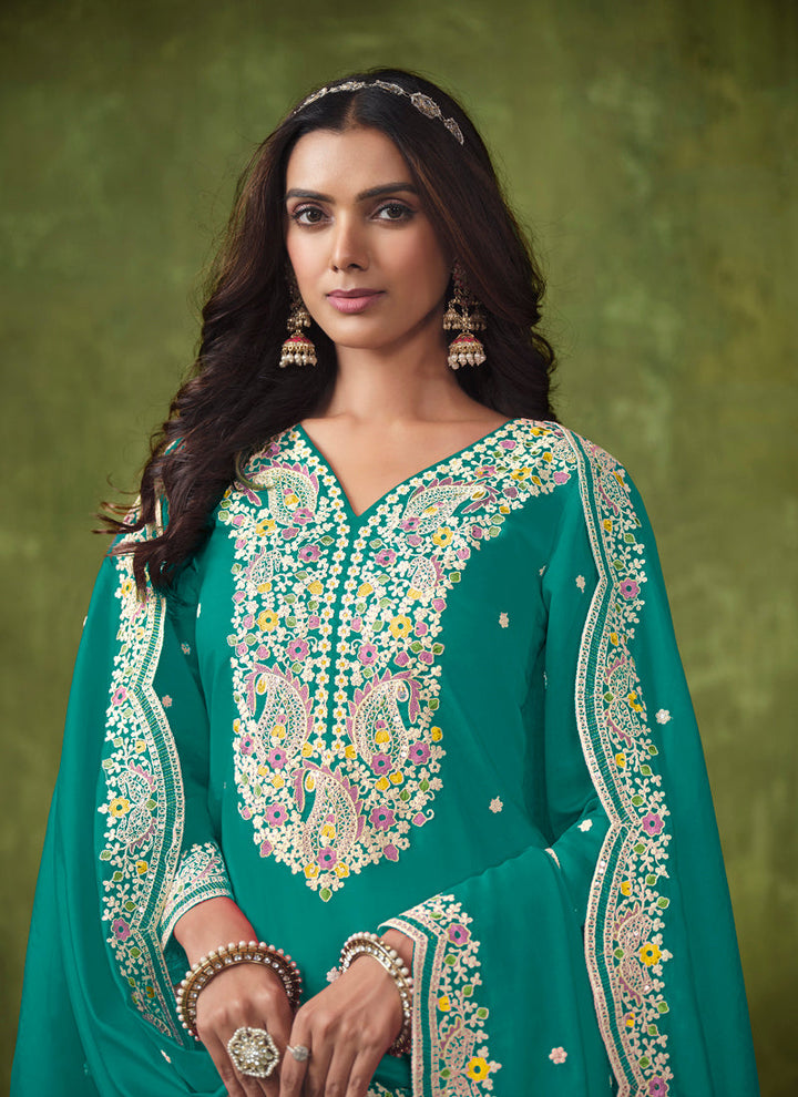 Lassya Fashion Teal Green Elegant PV Chanderi Straight Salwar Suit