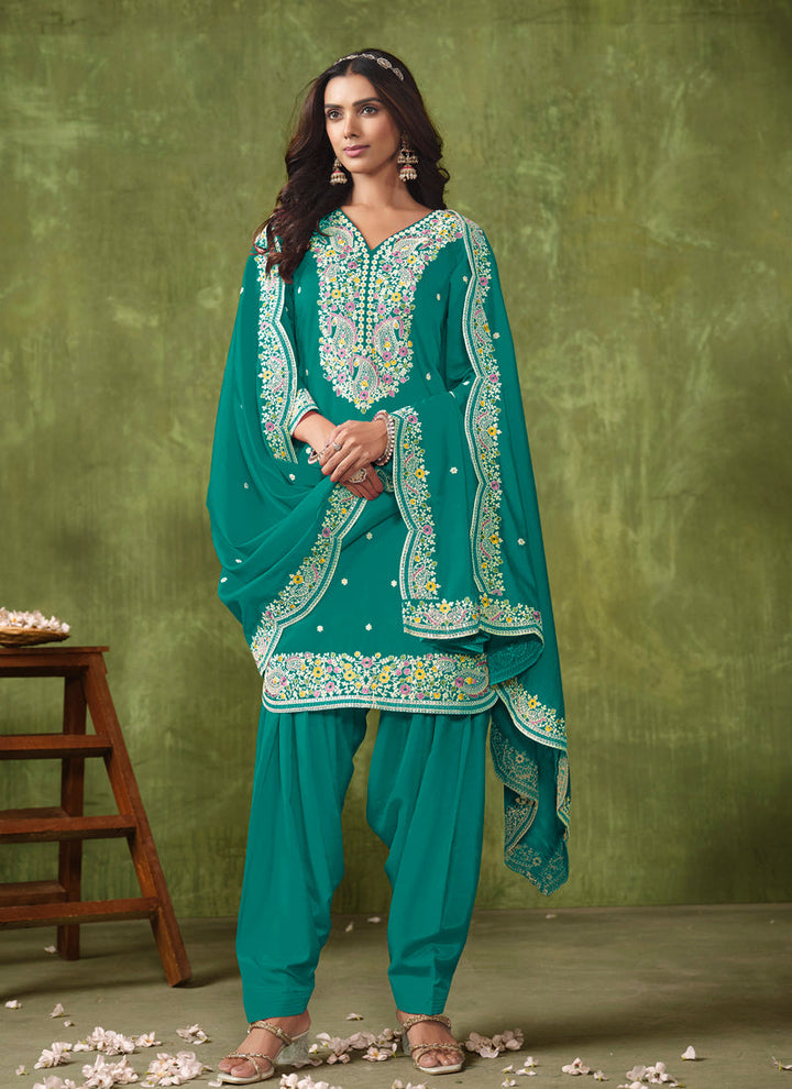 Lassya Fashion Teal Green Elegant PV Chanderi Straight Salwar Suit