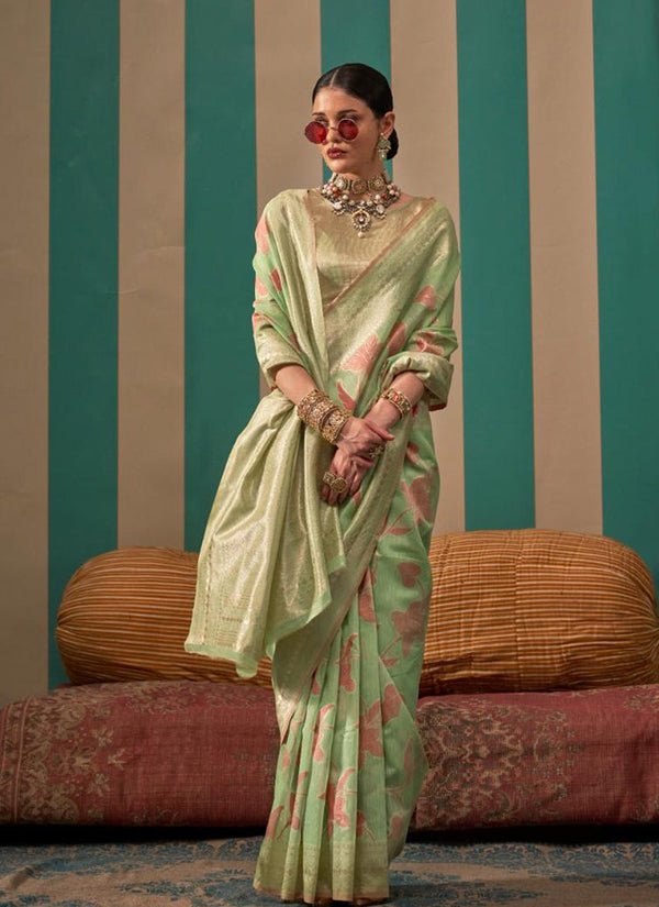 Lassya Fashion Pista Green Handloom Linen Party Wear Saree