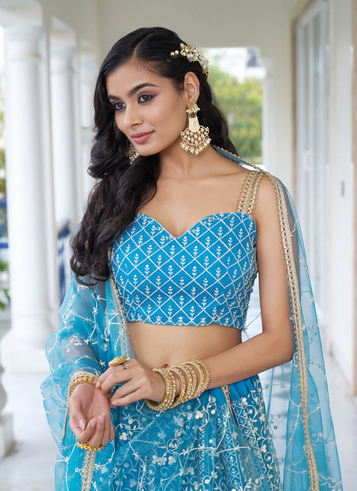 Lassya Fashion Sky Blue Elegant Engagement Lehenga with Embroidery