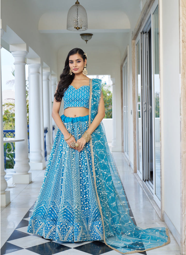 Lassya Fashion Sky Blue Elegant Engagement Lehenga with Embroidery