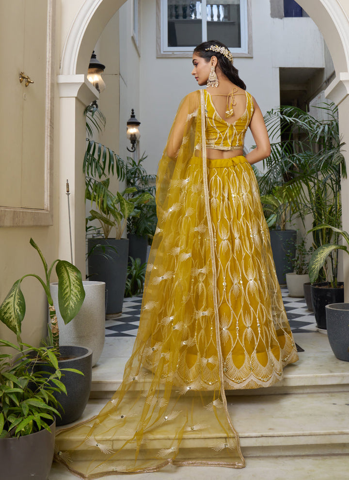 Lassya Fashion Mustard Yellow Elegant Engagement Lehenga with Embroidery